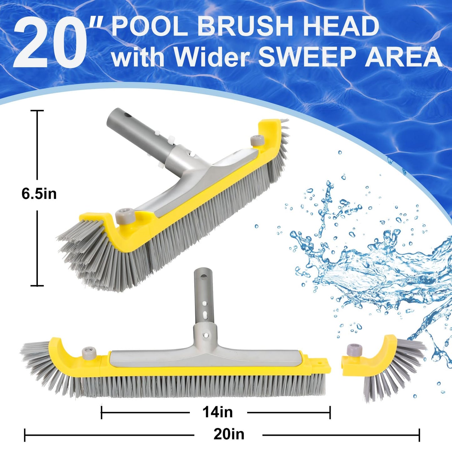 POOLAZA 20'' Pool Brush, Heavy Duty Pool Brushes for Cleaning Pool Walls & Floors, Premium Pool Brush Head for Inground Pools with BPT Bristles & EZ Clip, Curved Ends High-Efficiency Pool Scrub Brush