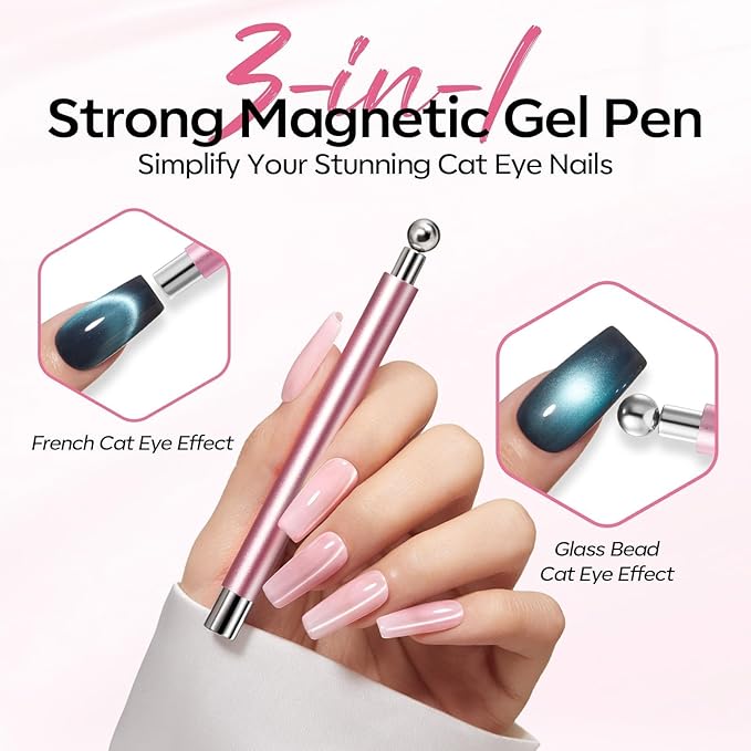 modelones Cat Eye Gel Polish Nail Magnet, 3-in-1 Cat Eye Magnet Pen & Heart-Shaped for Nail Art Tool Cylindrical & Ball &Hole &Lightning Magnet, Multi-Effect Magnets for Cateye Gel Polish DIY Salon