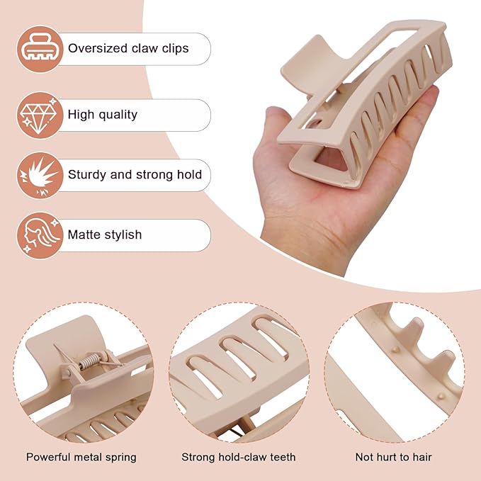 5 Inche Extra Large Claw Clips for Thick Hair and Long Hair,4-Pack Oversized Matte Big Hair Clips for Women, XL Jumbo Strong Hold Non-Slip Jaw Clips,Neutral Brown Color