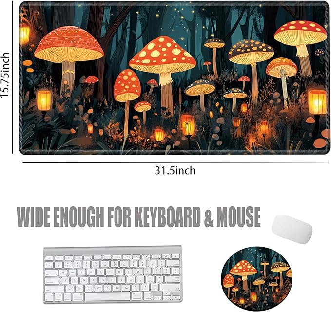 Large Mouse Pad Gaming Desk Pad Mushroom Mousepad for Wireless Mouse XXL 31.5''X15.75'' Big Desk Mats Extended Mouse Mat of Girl Desktop Computer with Coaster