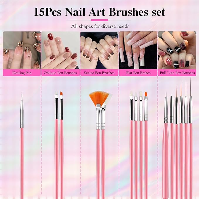 Nail Art Tools Set, Nail Art Kit for Beginners: 15 professional nail brushes for nail art, 5 precision dotting tools, 1 pink curved tweezers, Design Tools for Nail Tech & Beginners