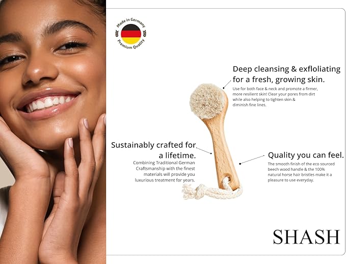 SHASH Since 1869 Hand Made in Germany - Sustainable Exfoliating Face Brush, Scrub Cleansing Brush, Exfoliates Skin to Help Reduce Flaking, Supports Glowing Complexion (Medium Horse Hair Bristle)