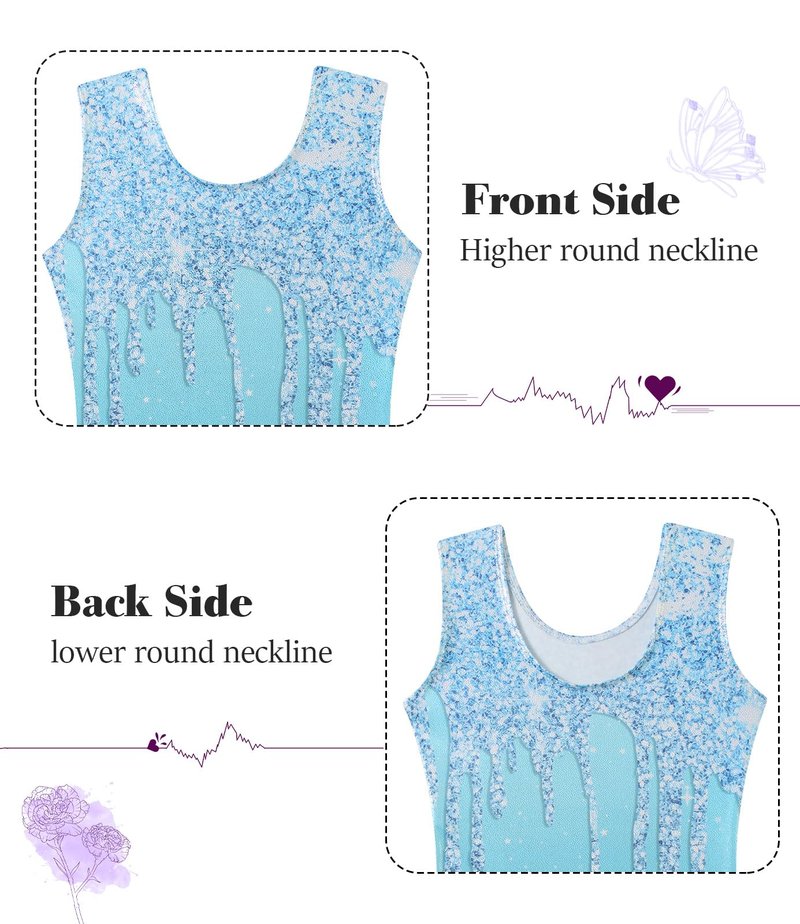 Vogseek Sparkly Gymnastics Leotards for Girls 6 7 Years Cute Light Blue Shiny Ballet Dance Unitards Biketards with Hair Scrunchie Kids Tumbling Shorts Activewear Clothes, Blue Shiny