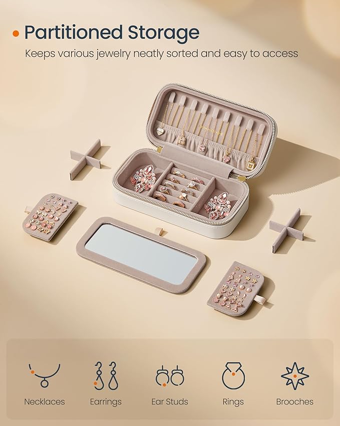 SONGMICS HOME Travel Jewelry Case, Travel Jewelry Box Organizer with Mirror, 4.1 x 8 x 2.4 Inches, Stitching, Portable, Gift Idea, Cloud White UJBC180W01