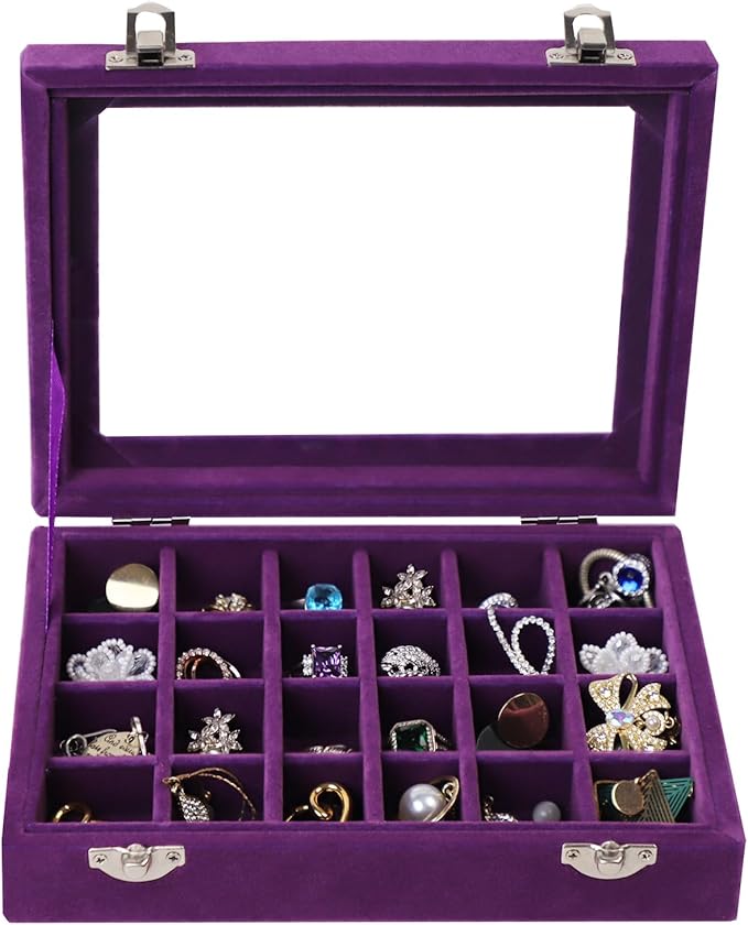 Velvet Jewelry Box 24 Grid Jewelry Earrings Display Organiser Box Ring Tray Holder Earrings Storage Case for Girls Women Wife Mom (Purple)