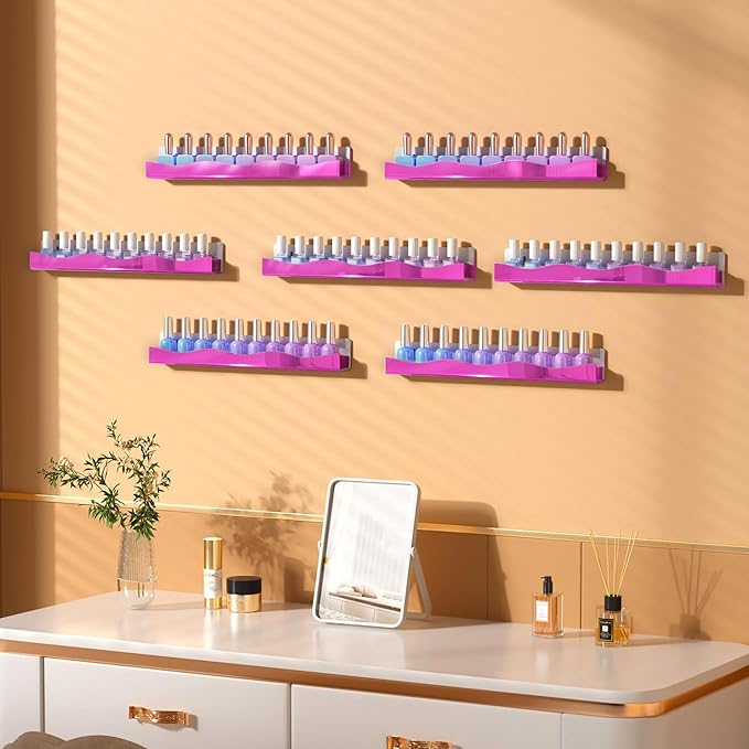 YMVV Wall-Mounted Nail Polish Organizer Rack - 15 Inch Pink Mirror Finish Nail Polish Shelf, Makeup & Beauty Essentials Storage - Multi-Purpose Display Holder for Small Space, Vanity Bathroom, 6 Pack