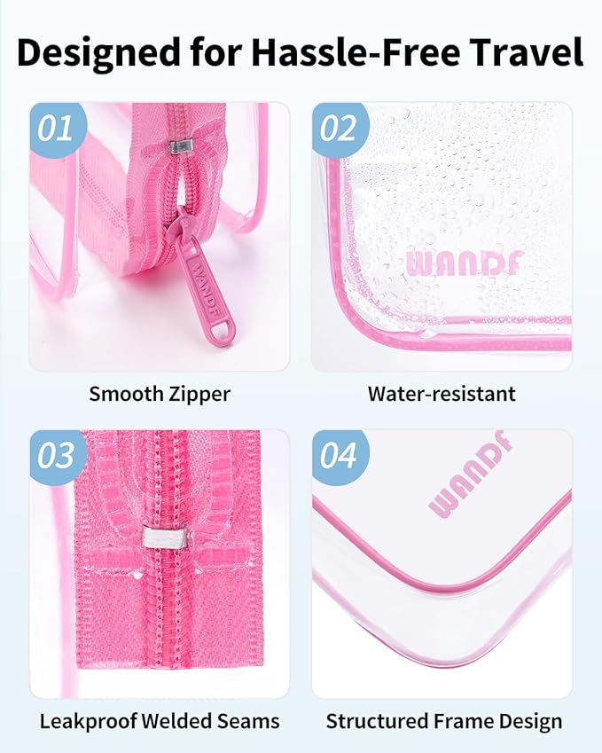 WANDF TSA Approved Toiletry Bag, 2 Packs Travel Clear Toiletry Bag, Quart Size Makeup Cosmetic Pouch with Zipper, Carry-On Airport Compliant Bag for Women and Men (2pcs Pink)