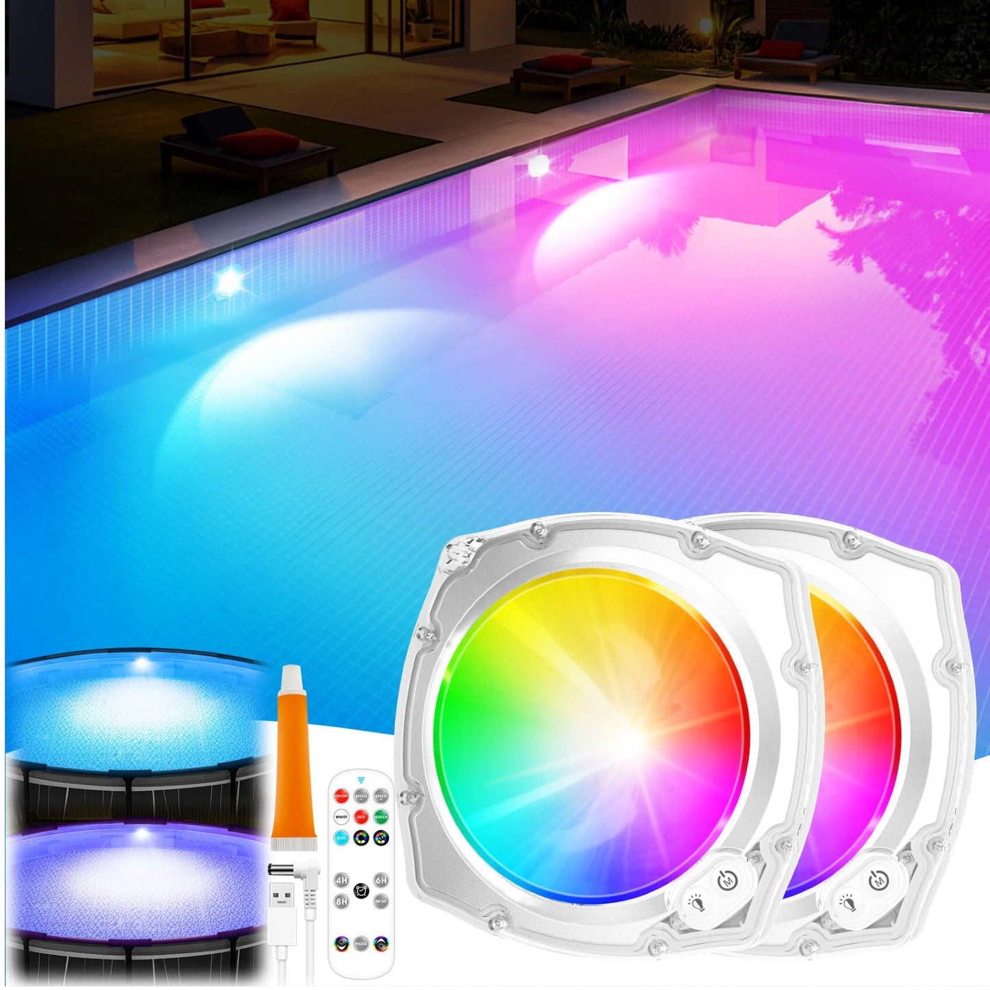 PoolBliss Rechargeable Submersible Pool Lights with Remote, 5000mAh Underwater Led Pool Light for Above Ground Pool Lights Waterproof, 9 Modes Color Changing Magnetic Swimming Inground Pool Lights-2PC