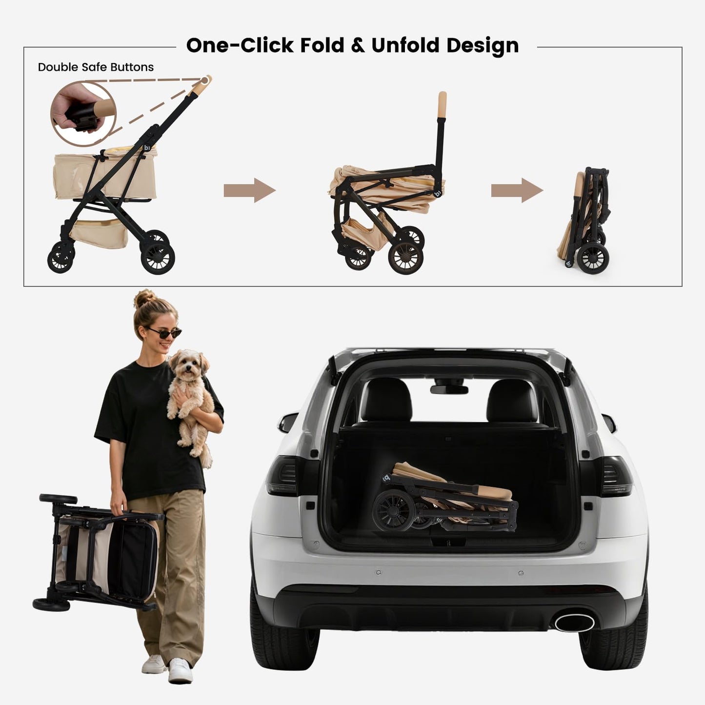 Foldable Dog Stroller Portable Compact Pet Stroller for Small Medium Dogs Cats Up to 35lbs One Click Folding Large Cat Carriage with Adjustable Canopy, Storage Basket - Khaki