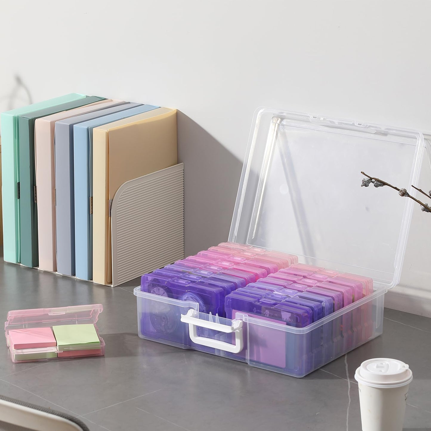 novelinks Transparent 4" x 6" Photo Cases and Clear Craft Keeper with Handle, 16 Inner Photo Organizers & Photo Storage Box, Plastic Photo Storage Containers (Pink Purple Gradient)
