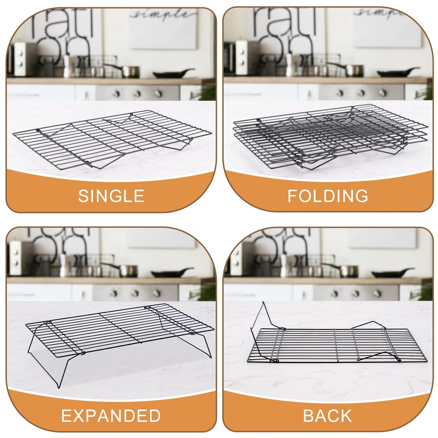 Cooling Rack for Baking 3 Tiers, 16" x 10" Cookie Cooling Wire Rack Stackable Collapsible Nonstick, Stainless Steel Baking Cooking Cooling Racks with Optimum Air Flow, Black