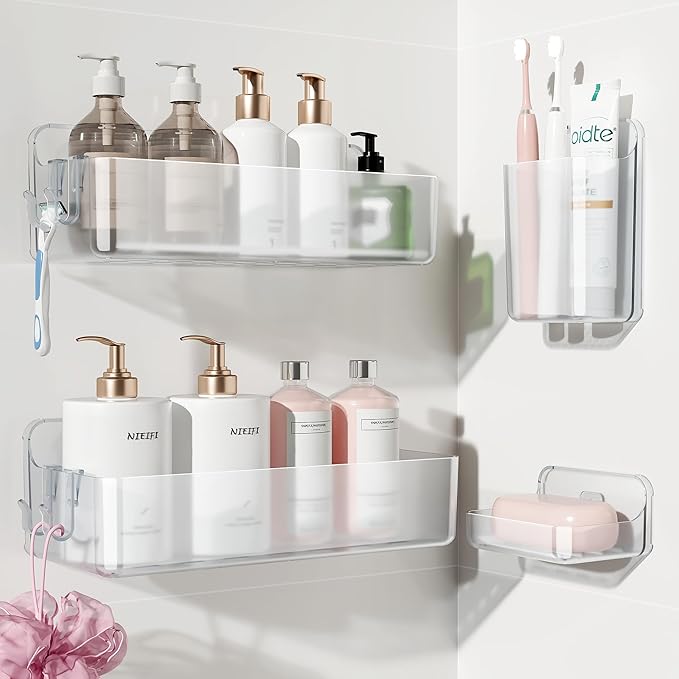 Nieifi Adhesive Wall Shelf, Shower Shelves, Shower Organizer for Bathroom Organization (A-Clear, 4 pieces)