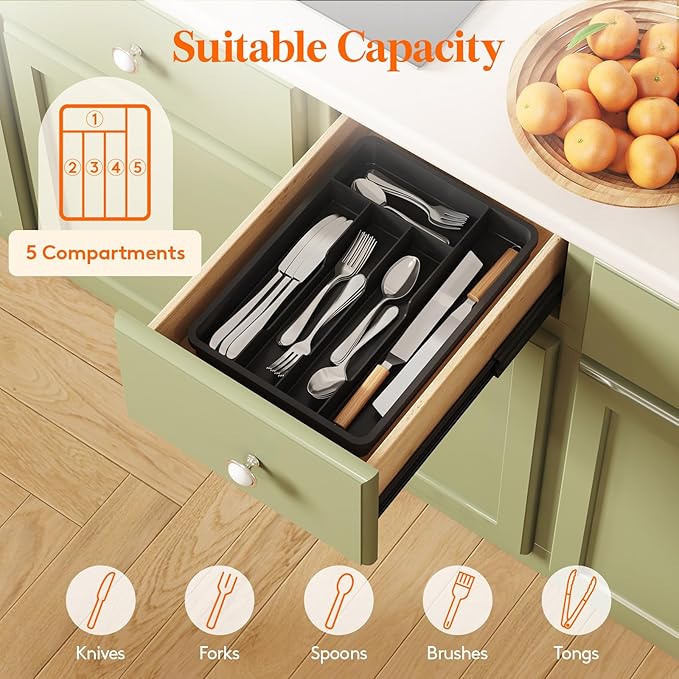 Lifewit Silverware Drawer Organizer Tray, Plastic Cutlery Storage for Kitchen, Flatware and Utensil Holder Divider for Spoons Forks Knives Tableware, 9.5 x 13.4", 5 Slots, Black