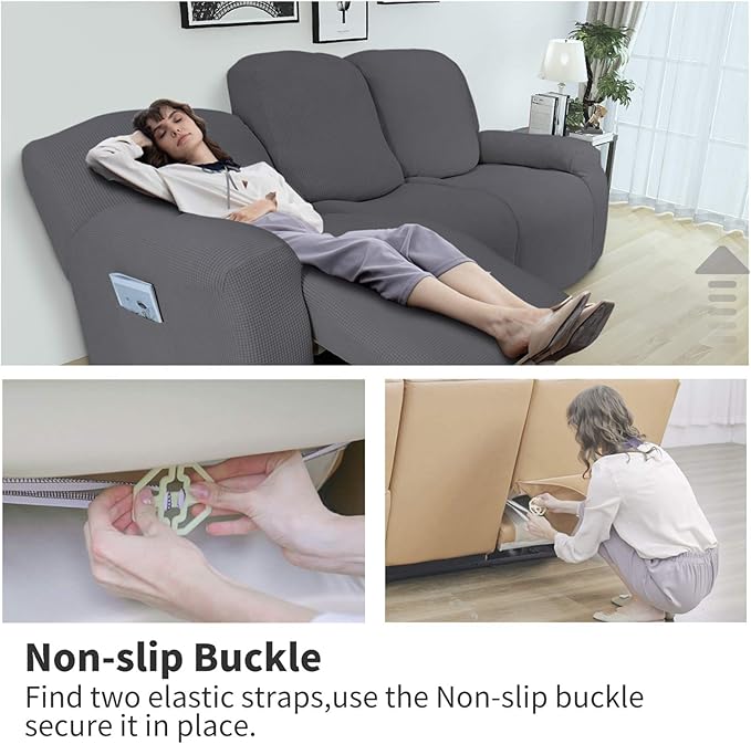 Easy-Going 8 Pieces Recliner Sofa Stretch Sofa Slipcover Sofa Cover Furniture Protector Couch Soft with Elastic Bottom Kids, Spandex Jacquard Fabric Small Checks Gray