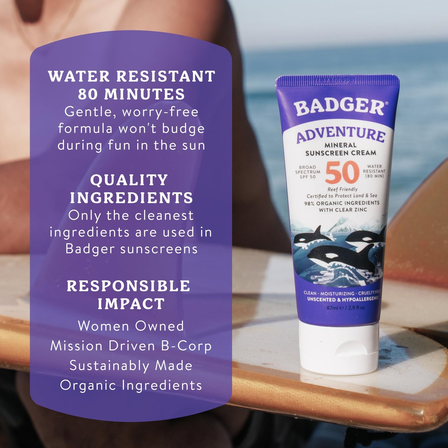 Badger Reef Safe Mineral Sunscreen, SPF 50, 98% Organic with Zinc Oxide, Non Toxic, Water Resistant, Unscented & Hypoallergenic, Broad - Spectrum, For Adventure & Sport, 2.9 fl oz
