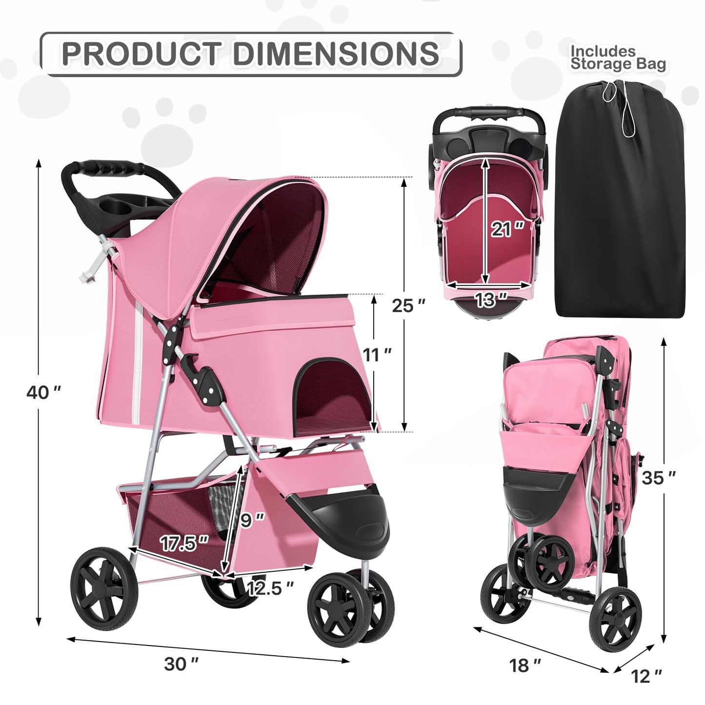 MoNiBloom 3-Wheels Foldable Pet Stroller with Waterproof Cover, Pet Strolling Cart for Small/Medium Dogs and Cats with Storage Basket and Cup Holder, Breathable and Visible Mesh for All-Season, Pink