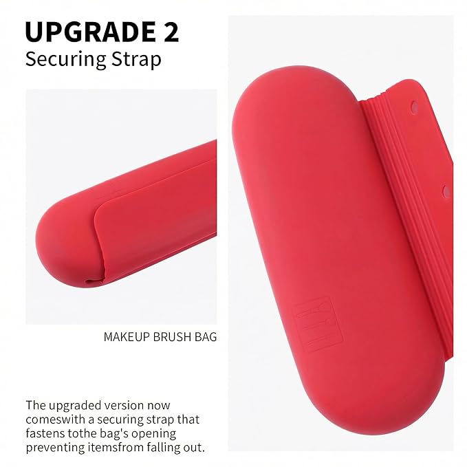 Silicone Makeup Brush Holder Travel Cosmetic Bag：Soft Portable Cosmetic Face Brushes Holder with Upgrade Anti-Fall Out Magnetic Closure, Large Travel Makeup Brush Case - Carmine