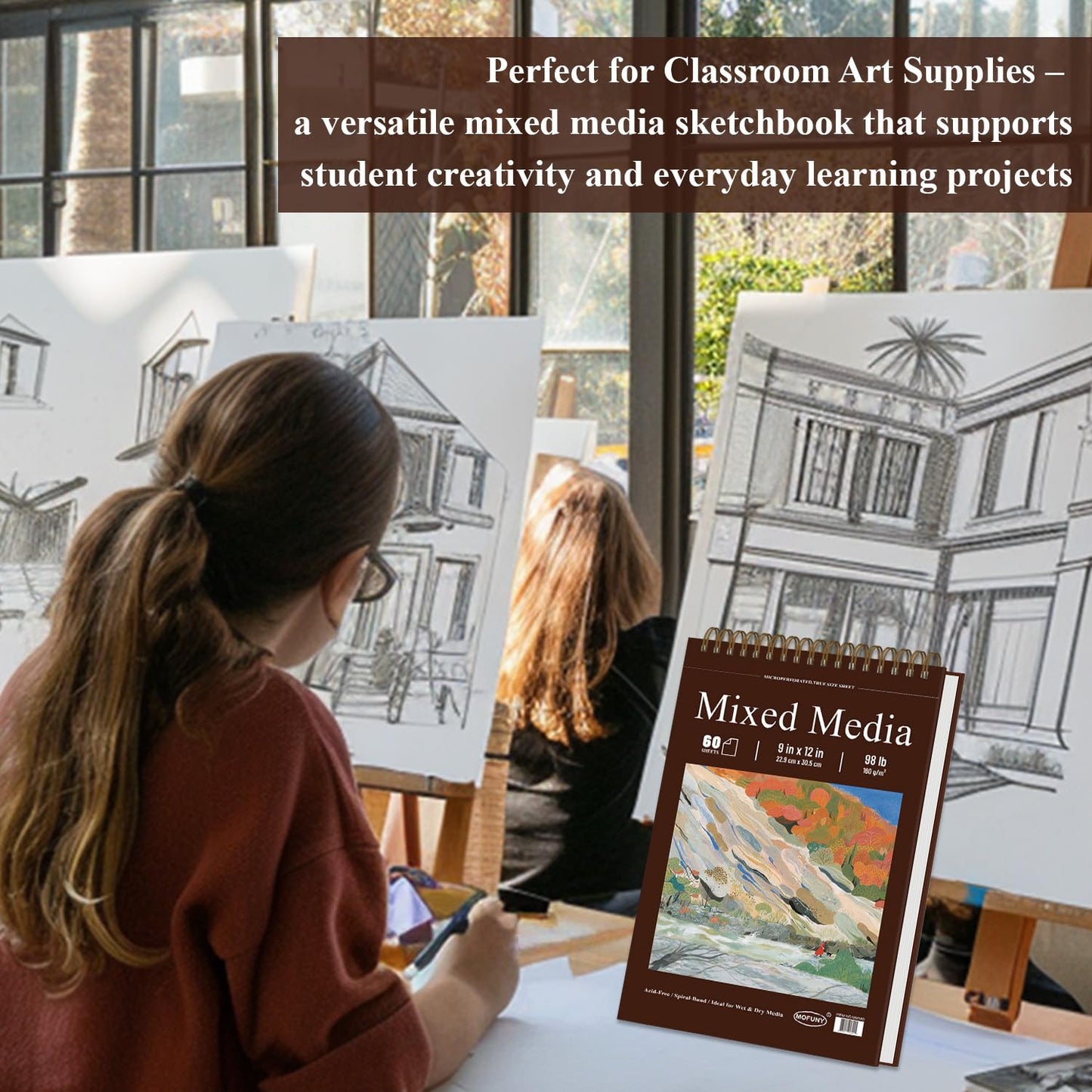 Mofuny Mixed Media Sketchbook 11x14, 50 Sheets - 110lb/180gsm Thick Paper for Painting | Mixed Media Pad & Water Color Sketch Books for Adults, Teens & Painting Supplies for Artists.