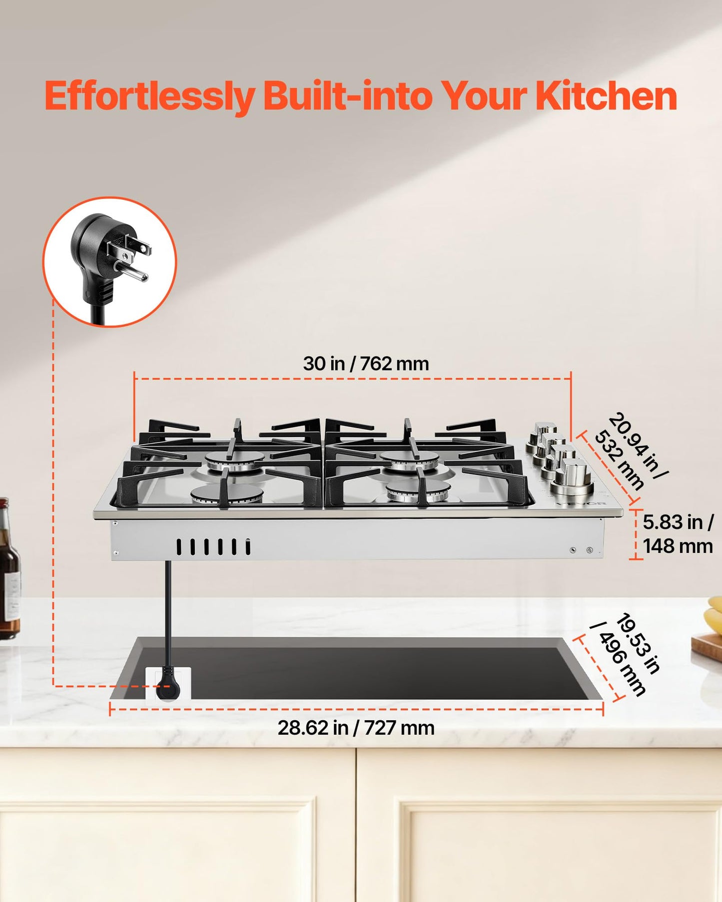 VEVOR Gas Cooktop, 30 inch 4 Burners Gas Stove Top, Max 48000BTU Built-in Stainless Steel Stove Top LPG/NG Convertible Dual Fuel Cooktop Stoves with Sealed Burner for Sear, Stew, Boil, Stir-Fry