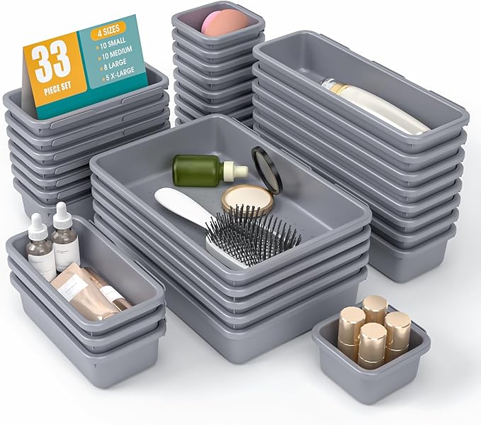 33 PCS Drawer Organizer Set, 4 Size Makeup Drawer Divider Organizer With Non-Slip Pads, Interlocking Plastic Storage Bins for Office,Jewelry Vanity,Gadgets, Bathroom,Kitchen, Grey