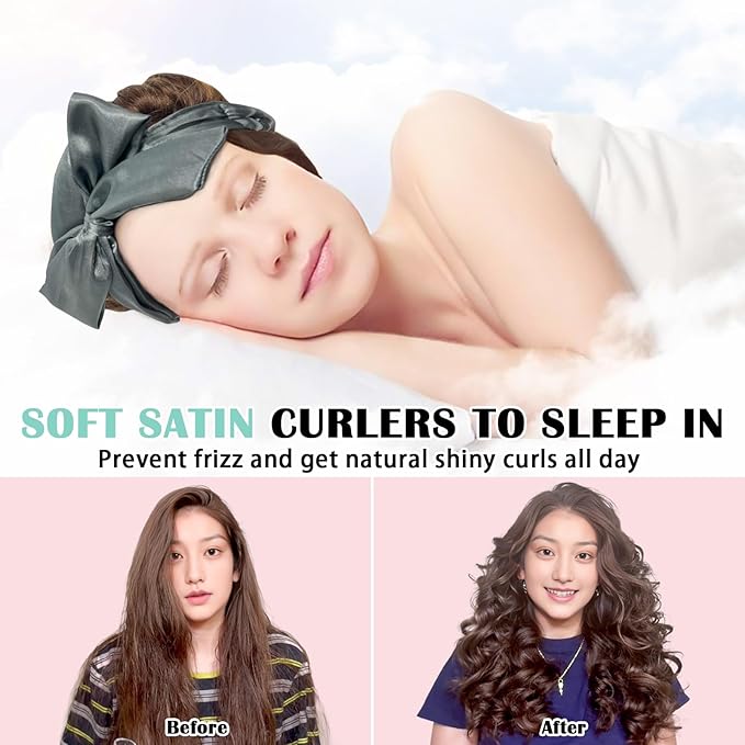 Gwabee Satin Heatless Curls Overnight Hair Curlers to Sleep In Hair Curler Rollers No Heat Hair Wrap for Curls Headband, 70" Satin Heatless Curling Rod Set for Women Long Waves Hair Volume -Grey 9 PCS