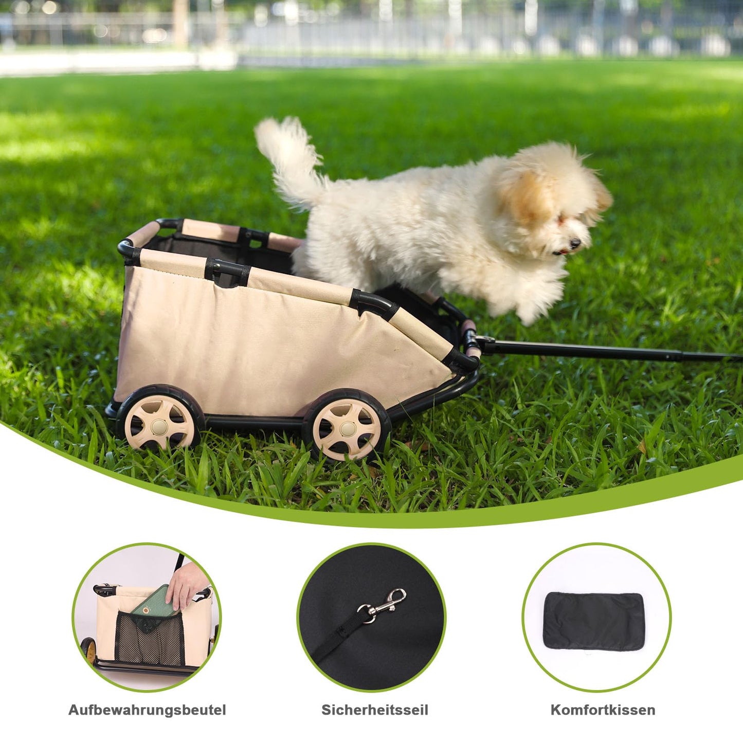 AESRAOU Mini Dog Strollers for Mini Pets, Foldable Multifunctional Shopping Carts with Extendable Pull Handle, Doggie Wagon Built-in Cushion and Safety Rope with Storage Bag (Khaki)