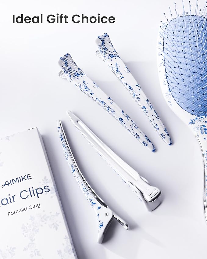 AIMIKE 4.8" Porcelia Qing Clips for Styling – Built-In Silicone Band Duckbill Hair Clips, No-Crease Non-Slip Sectioning Clips for Thick, Curly Hair, Ideal for Makeup, Hairstyling & Rollers, 4-Pack