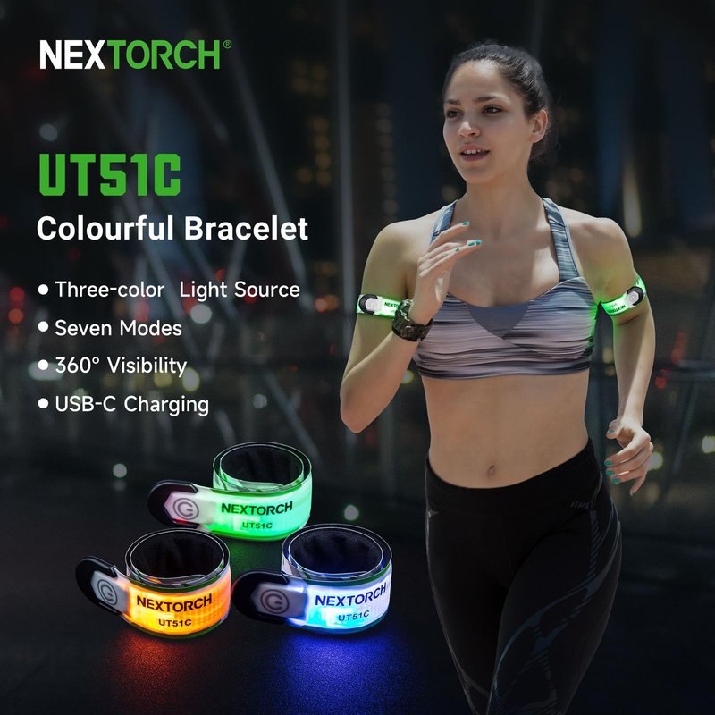 NEXTORCH LED Slap Armband Lights Rechargeable Night Safety Running Wristband Lights, Reflective Straps LED Blue Orange Green Flasing Glow Bracelet for Runners Bicycling Night Pet Walking (1 Pack)