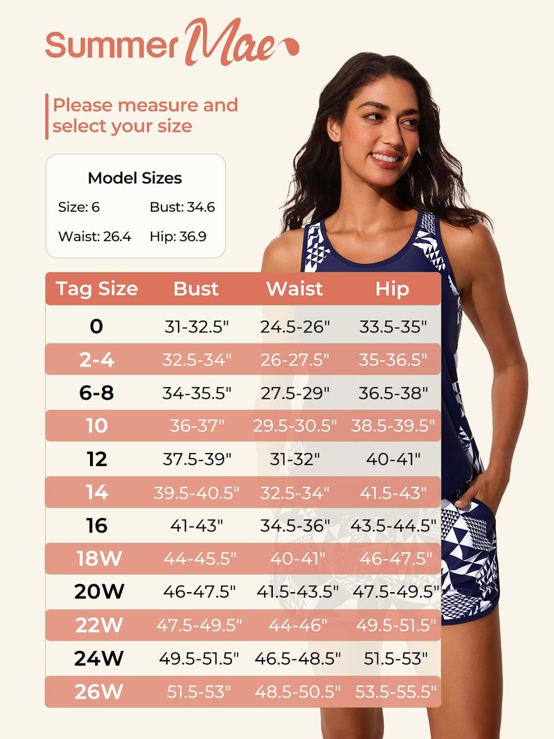 Summer Mae Blouson Tankini Swimsuits for Women 2026 Tummy Control Two Piece Bathing Suits with Sporty Pockets Swim Shorts Coconut Tree on The Sea Size 6