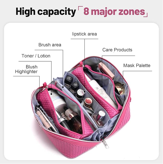 BOYATU Travel Makeup Bags for Women: Large Capacity Make up Bag with Wide Opening - 3 Pcs Set Waterproof Travel Toiletry Organizer for Full-Sized Bottles, Cosmetics & Brushes (Plum-W)