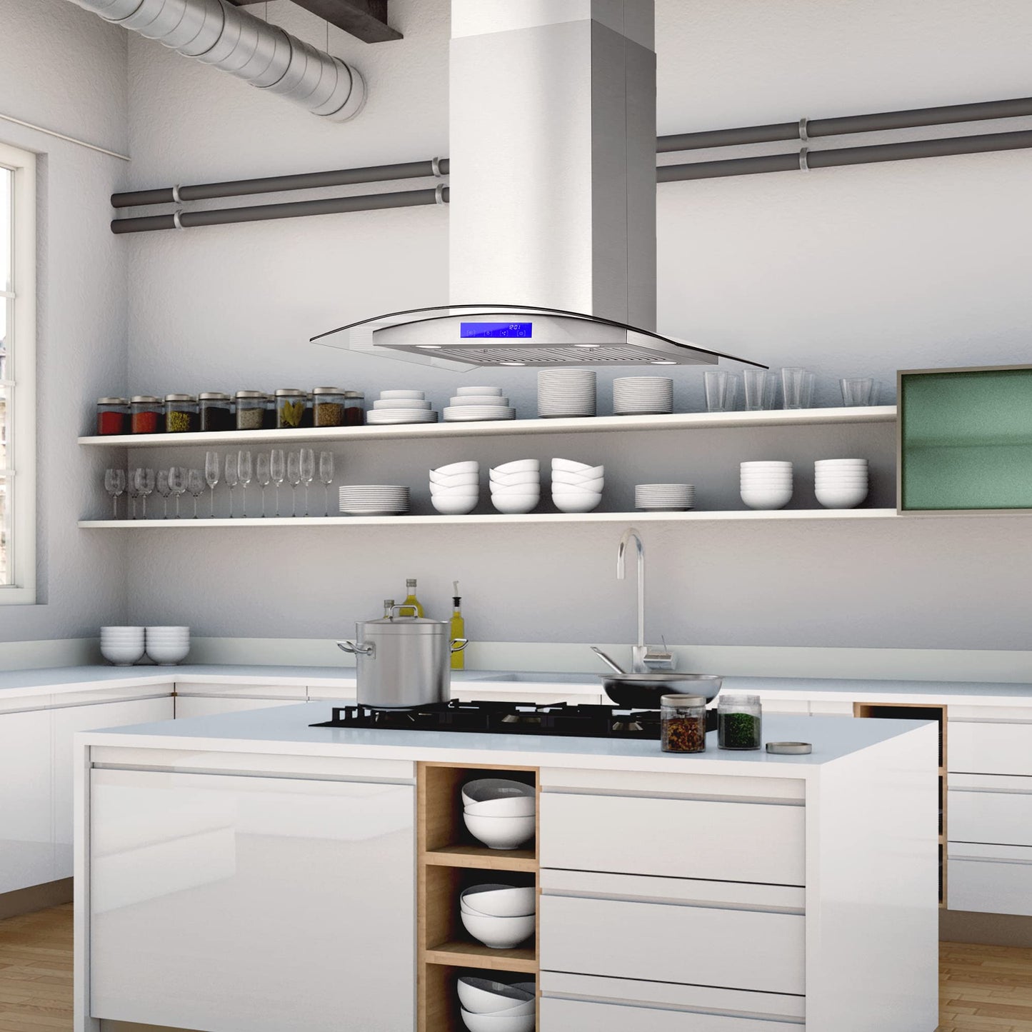 COSMO COS-668ICS750 30 in. Lumin Collection 380 CFM Ducted Island Range Hood, Soft Touch Controls, LED Lights, Stainless Steel