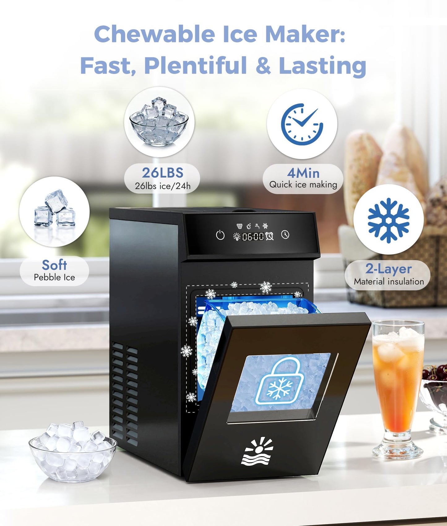 Oylus Nugget Ice Maker Countertop, Smart Pebble Ice maker with LCD Panel, 4min Making, 26lbs/24H Crushed Chewable Ice, Pellet ice maker with Timer Status Alert, Self-Cleaning, Chewy Ice for Home Party