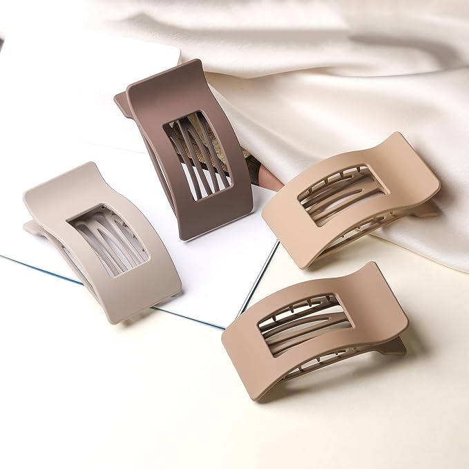 4 Pack Large Flat Hair Clips for Women, Rectangle Matte Non-slip Lay Down Claw Clips, French Strong Hold No Crease Barrettes for Thick & Thin Hair, Stylish Square Hair Accessories (Brown)