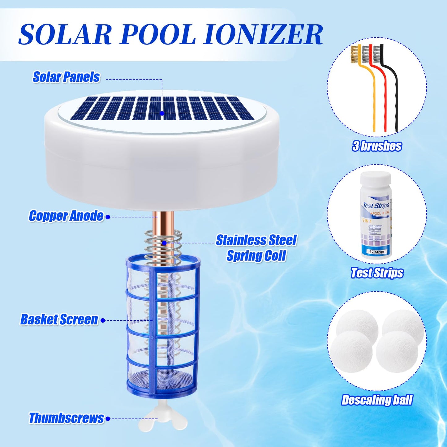 Qualirey Solar Pool Ionizer Automatic Floating Pool Cleaner, Water Ionizer with 4 Pcs Scum Eliminating Ball, for Above Ground and Inground Pools, up to 35, 000 Gallons (Without Light)