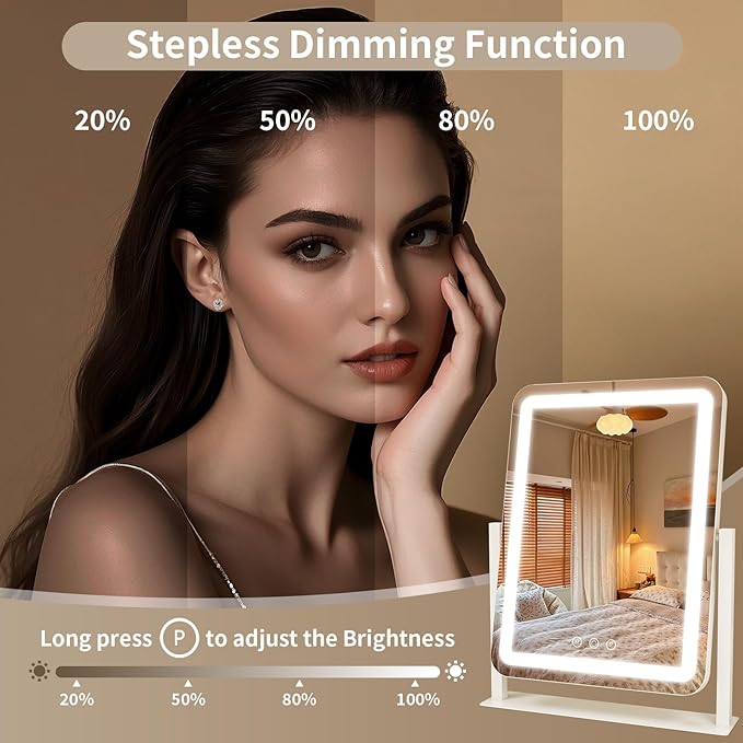 ROLOVE Vanity Mirror with Lights 13x16 Inch, Smart Touch Control, 3 Color Lighting Modes, Table Top Mirror with Stand for Bedroom