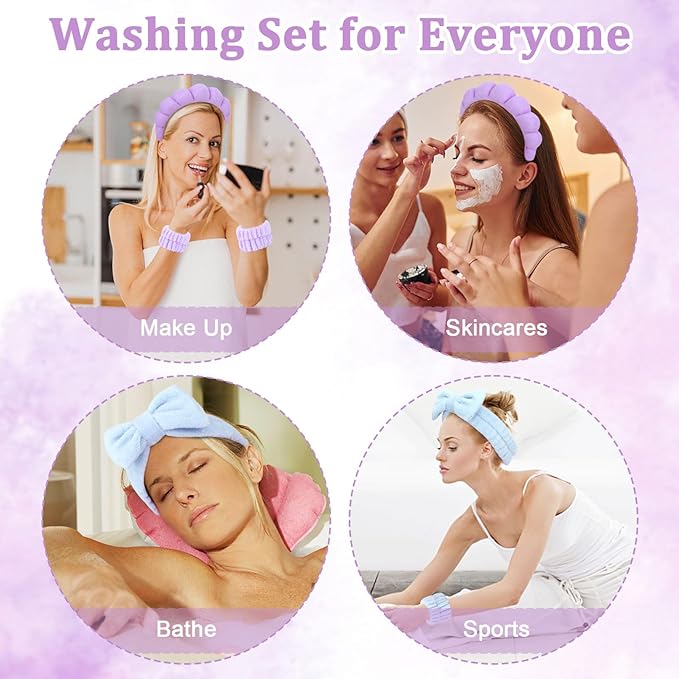 6 Pcs Terry Cloth Headbands and Wristbands - Sponge Makeup Removal, Skincare, Shower