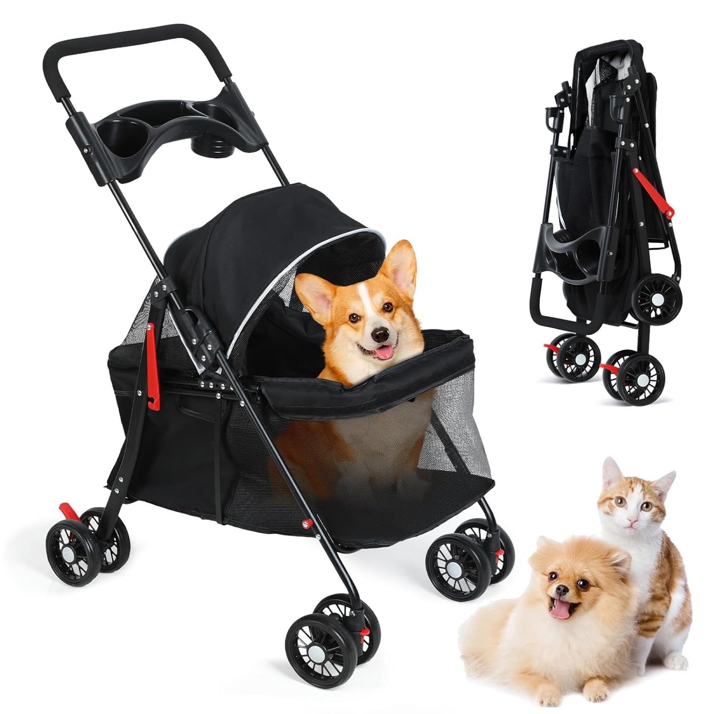 sxvbdway 4 Wheels Pet Stroller for Medium Small Dog up to 50lbs, Dog Cat Stroller, Outdoor Travel Pet Folding Strollers with Cup Holder, Detachable Carrier, Breathable Visible Mesh (Black Upgraded)