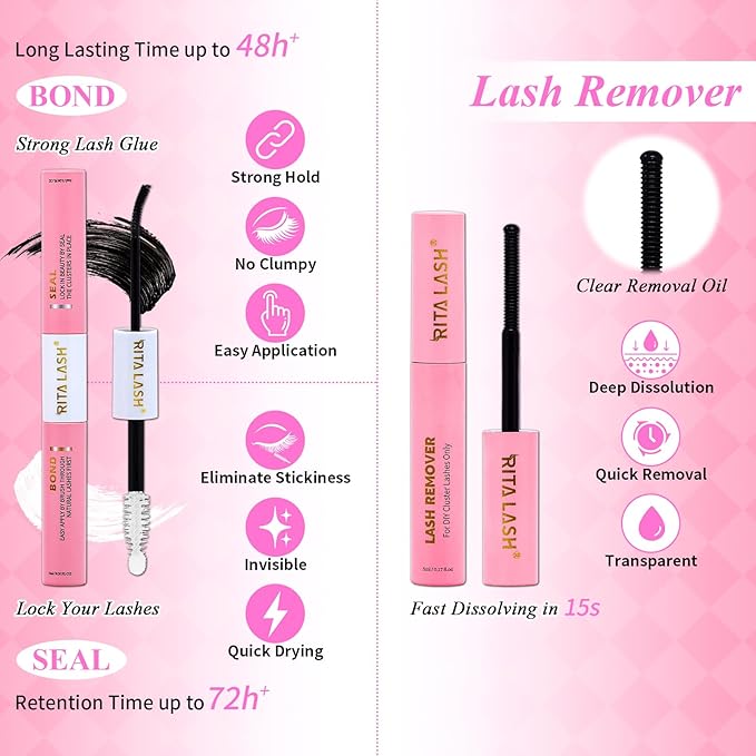 Lash Clusters Kit Eyelash Clusters Kit Cat Eye Lashes Large Pack Cluster Eyelash Extensions Lash Extension Kit PestaÃÂ±as Postizas Naturales with Lash Bond&Seal,Remover,Tweezers,Cleanser(Lash Kit-5)