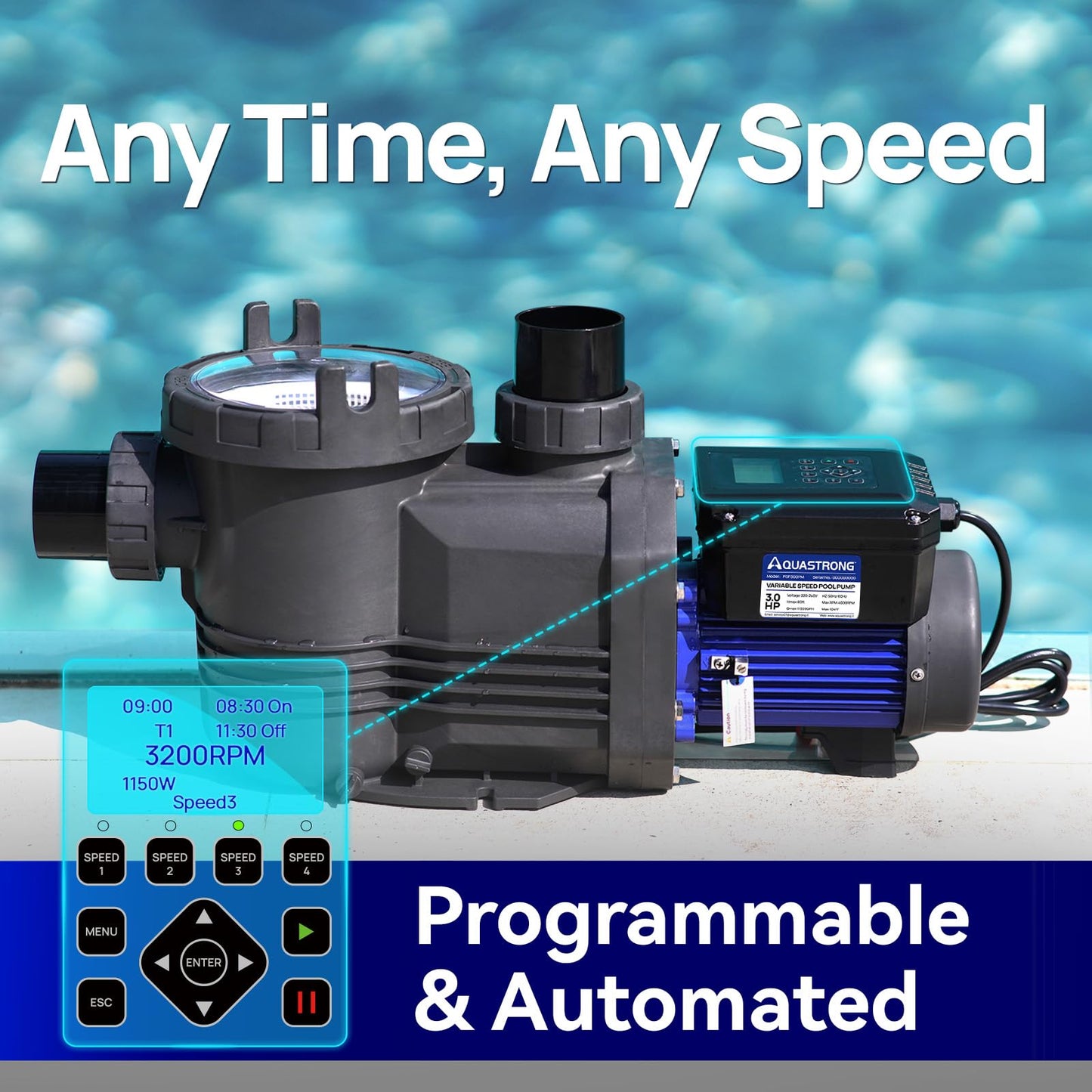 Aquastrong Variable Speed Pool Pump In/Above Pool Pump Energy Efficient High Flow Powerful Self Primming Swimming Pool Pumps with Filter Basket,Matta Black