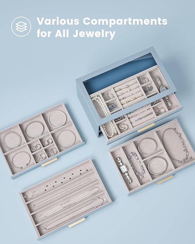 Lolalet Jewelry Box Organizer, 4-Layer Jewelry Organizers and Storage Case with Glass Lid, Ring Earring Bracelet Necklace Holder Organizer, Birthday Valentine Gifts for Women Girls -4Layer, HazeBlue