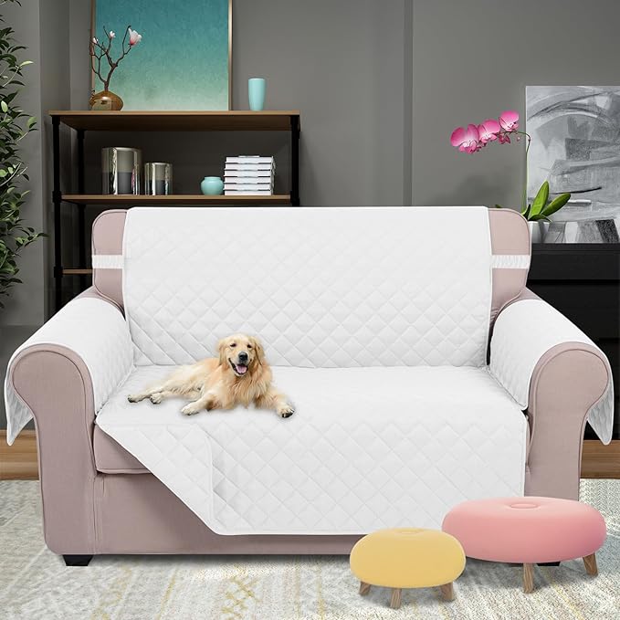 U-NICE HOME Loveseat Sofa Cover Reversible Couch Cover for Dogs with Elastic Straps Water Resistant Furniture Protector for Pets Couch Cover for 2 Cushion Couch (Loveseat, White/White)