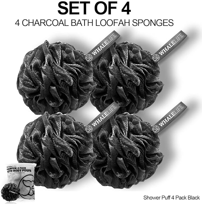 WhaleLife Loofah Bath Sponges - Black Gentle Exfoliating Shower Loofah for Rich Lather, Durable Mesh Body Scrubber for Men & Women 4 Pack