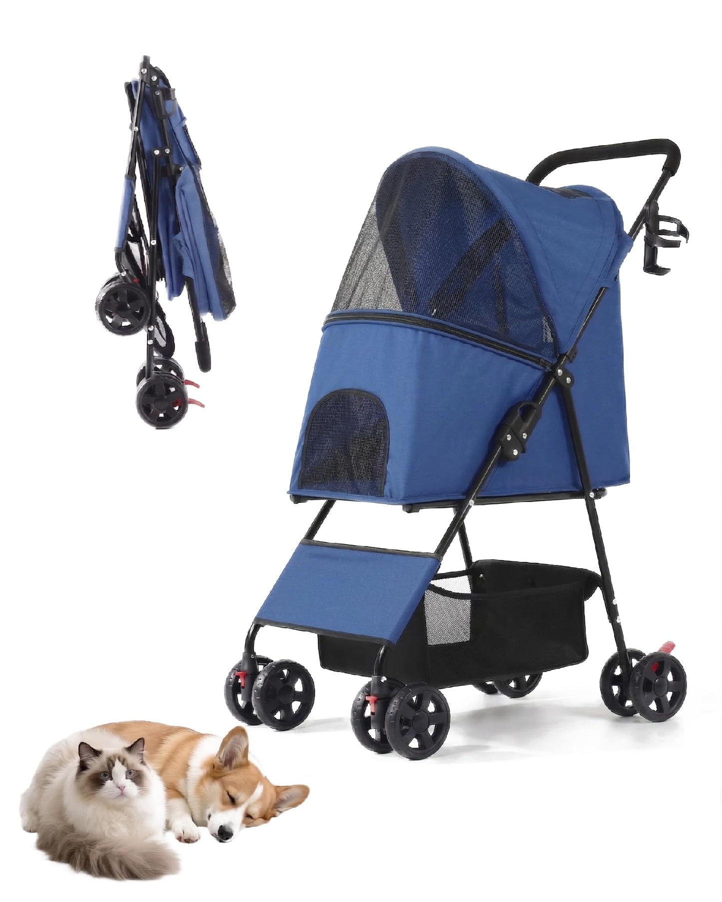 Pet Stroller for Small Medium Dogs Cats - Lightweight 10lbs Foldable Dog Stroller, Breathable Mesh & Safety Tether, 33lbs Capacity with Locking Wheels, Storage Basket for Outdoor Walks-Blue