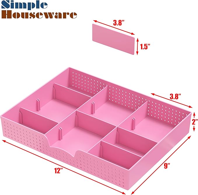 Simple Houseware Drawer Organizer Tray with 9 Adjustable Compartments, Pink