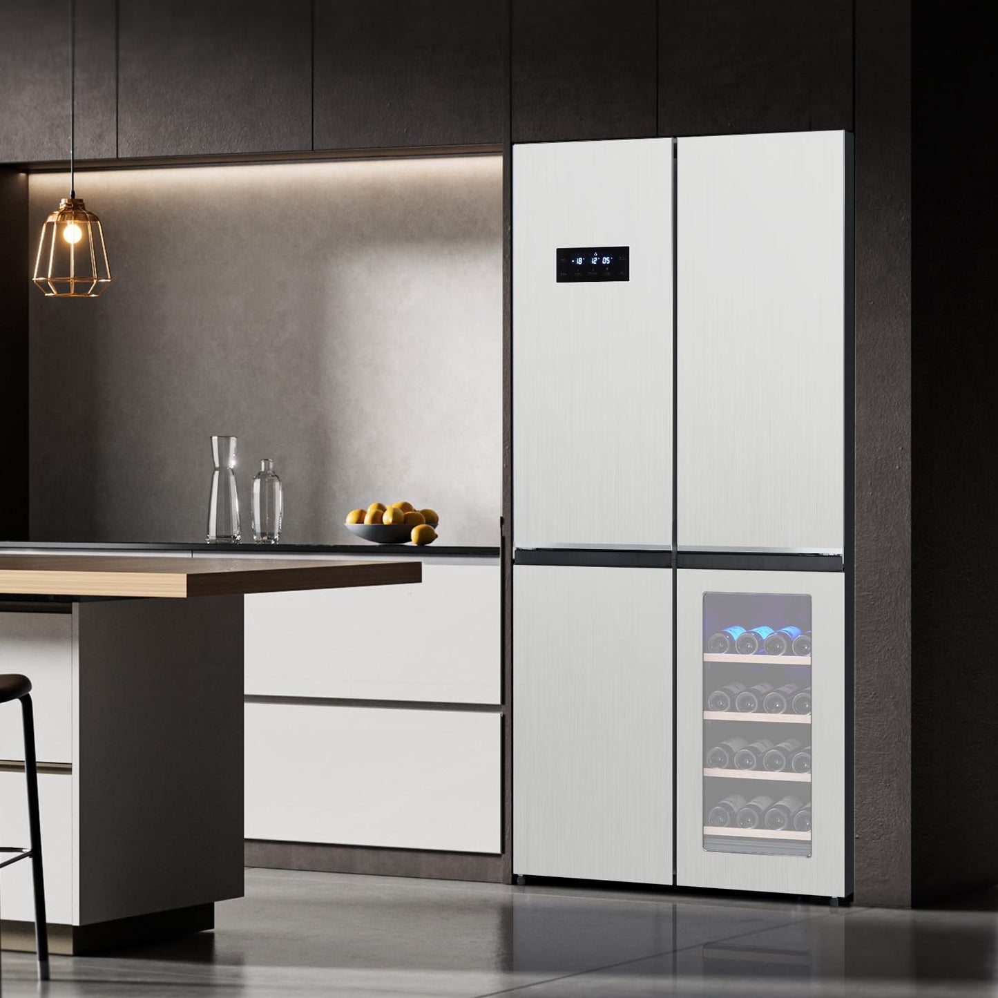GarveeLife 36 In French Door Refrigerator, 21 Cu.Ft. Counter Depth Refrigerator Bottom Freezer with Wine Cabinet, Stainless Steel 4 Doors Fridges Kitchen Freezer, Adjustable Shelves