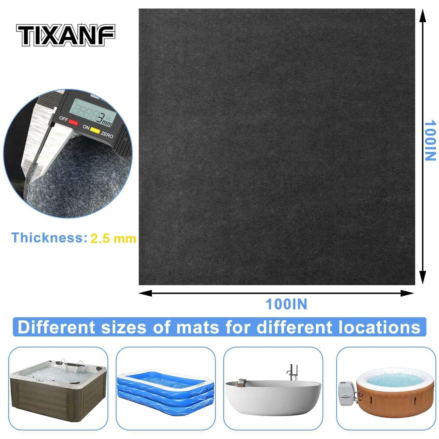 TIXANF 100x100 Inch Hot Tub Mat, Inflatable Hot Tub Mat, Large Washable Floor Protection Mat, Portable Spa Pool Accessories, Waterproof Non-Slip Underlining Absorbent Spa Pool Floor Base Protection