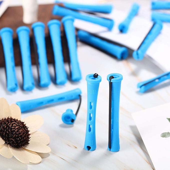 WILLBOND 60 Pcs Short Perm Rods Natural Hair Perm Rods with Elastic Rubber Band Non Slip Plastic Perming Cold Wave Kit for Women Hairdressing Styling Tool(0.35 Inch,Blue)