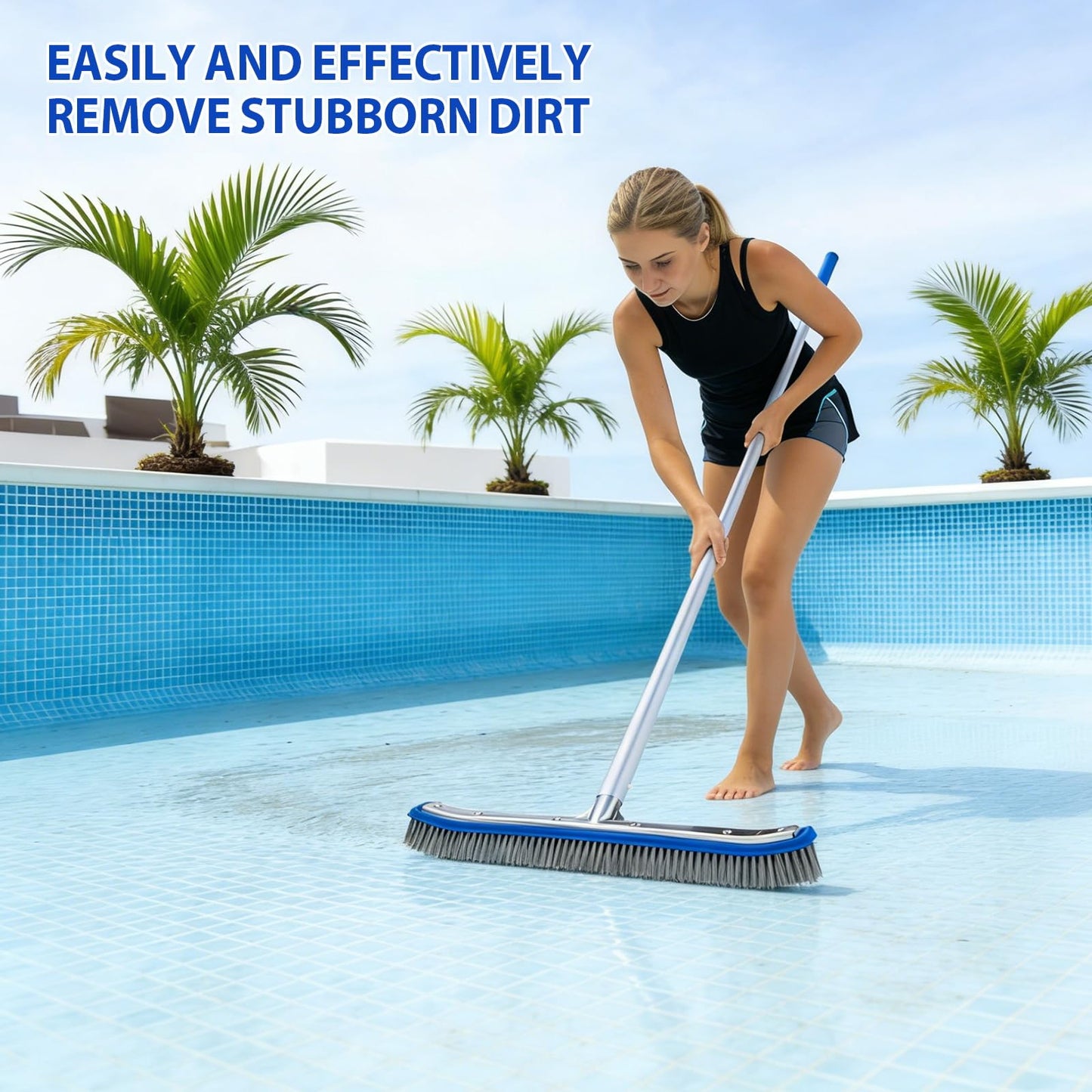 18" Wide Pool Brush Head - Combo Nylon & Stainless Steel Wire Bristles, Heavy Duty Metal Pool Brush for Extra Scrubbing Power, Curved Edge for Cleaning Inground Pool Tiles, Concrete, Walls, Corners