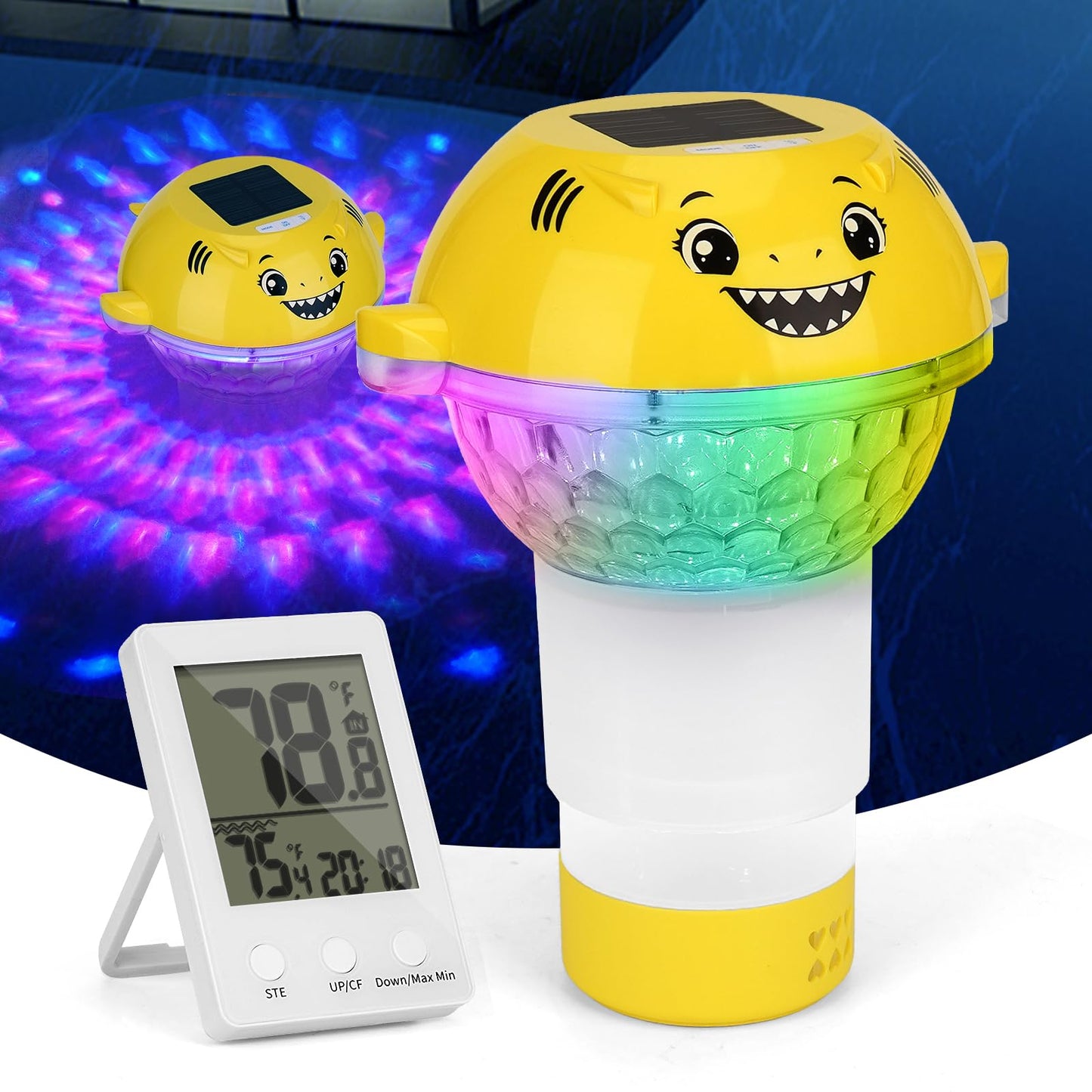 ORAPXI Solar Pool Chlorine Floater with Remote Temperature Monitor & LED Lights - Floating Chlorine Tablet Dispenser for Pool, Hot Tub and Spa