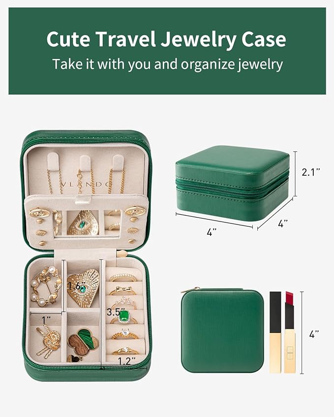 VLANDO Small Travel Jewelry Box Organizer - Girls Women Gift Rings Earrings Necklaces Jewelry Storage Display Case with Mirror Dark Green